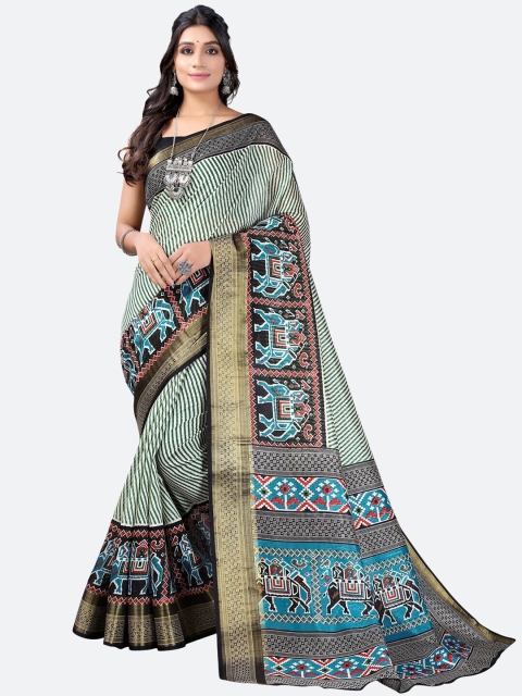 

SAADHVI Off White & Black Striped Zari Pure Silk Maheshwari Saree