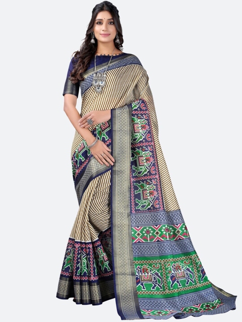 

SAADHVI Beige & Navy Blue Striped Zari Pure Silk Maheshwari Saree