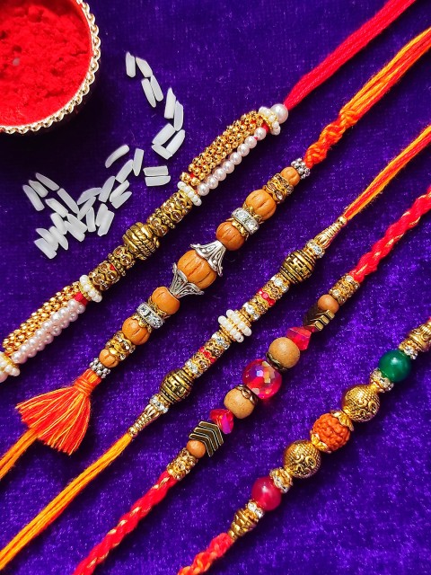 

CRAYTON Men Pack Of 5 Maroon & Gold-Toned Beaded Rakhi