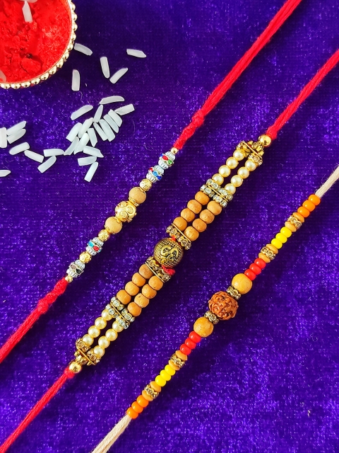 

CRAYTON Men Set Of 3 Gold-Toned White & Brown Stone-Studded & Beaded Rakhi
