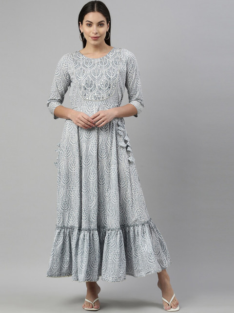 

Neerus Women Grey Geometric Striped Thread Work Anarkali Kurta