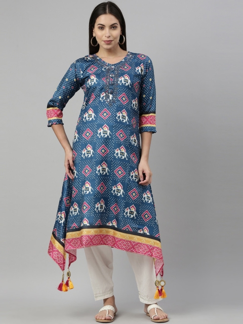 

Neerus Women Blue Ethnic Motifs Printed Gotta Patti Kurta