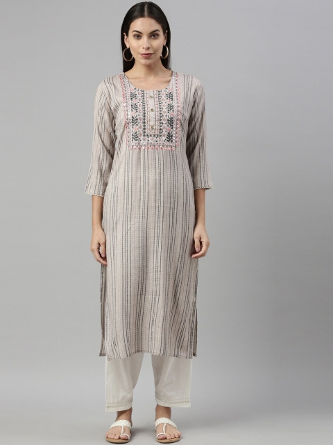 

Neerus Women Brown Striped Keyhole Neck Thread Work Kurta