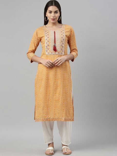 

Neerus Women Mustard Yellow Geometric Embroidered Mirror Work Kurta