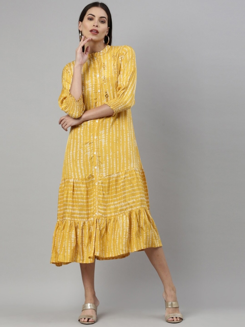 

Neerus Women Mustard Yellow Geometric Striped Keyhole Neck Kurta