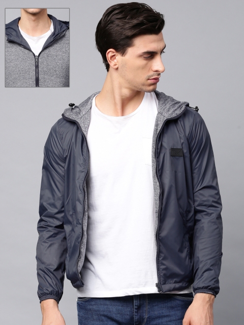 

HRX by Hrithik Roshan Men Blue & Grey Solid Reversible Hooded Sporty Jacket