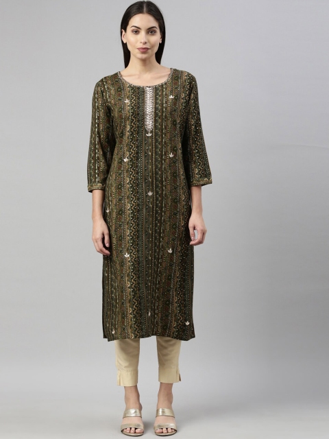 

Neerus Women Olive Green Geometric Printed Keyhole Neck Kurta