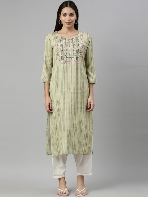 

Neerus Women Green Striped Thread Work Kurta
