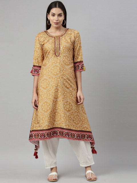 

Neerus Women Mustard Yellow Ethnic Motifs Printed Keyhole Neck Mirror Work Kurta