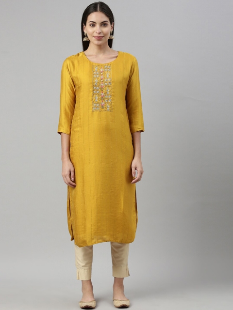 

Neerus Women Mustard Yellow Geometric Yoke Design Thread Work Kurta