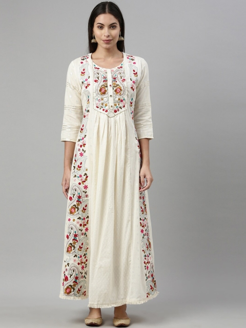 

Neerus Women Cream-Coloured Floral Striped Thread Work Kurta