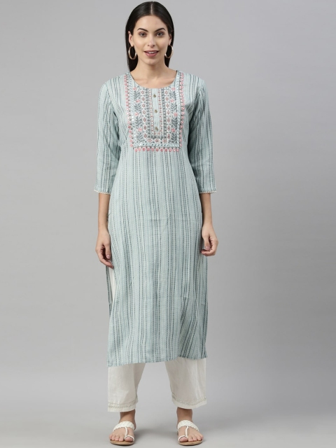 

Neerus Women Turquoise Blue Striped Thread Work Anarkali Kurta