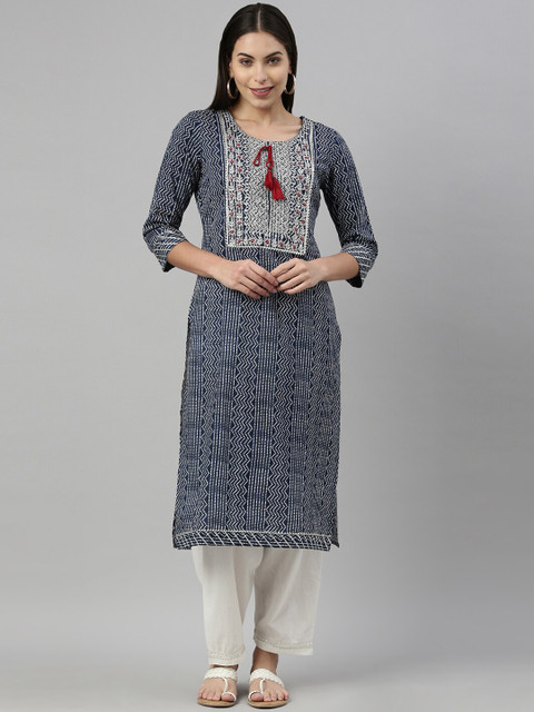 

Neerus Women Navy Blue Geometric Checked Keyhole Neck Kurta