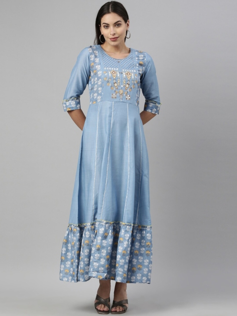 

Neerus Women Turquoise Blue Ethnic Motifs Yoke Design Anarkali Kurta