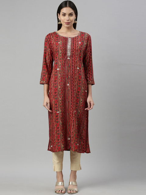 

Neerus Women Red Geometric Striped Keyhole Neck Kurta
