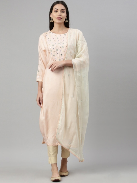 

Neerus Women Peach-Coloured Yoke Design Flared Sleeves Thread Work Kurta