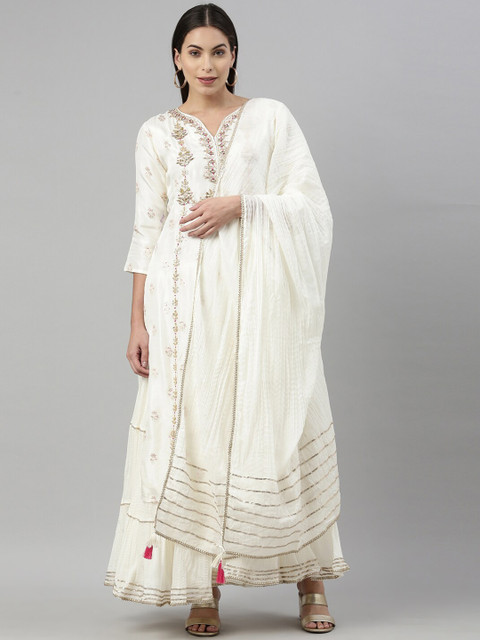 

Neerus Women Cream-Coloured Yoke Design Flared Sleeves Mirror Work Anarkali Kurta