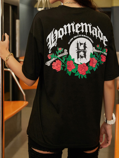 

URBANIC Women Black & brown Typography Printed Applique T-shirt