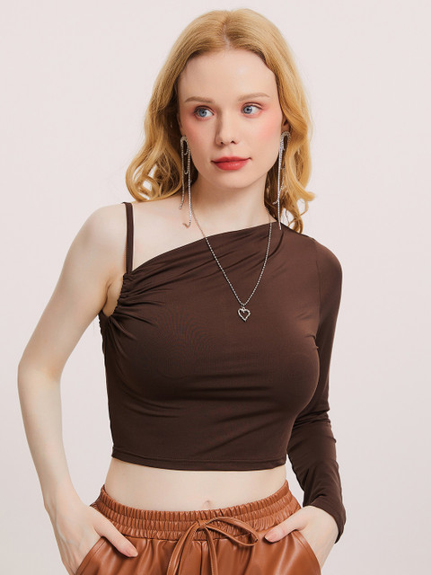 

URBANIC Women Coffee Brown & coffee bean Extended Sleeves Slim Fit T-shirt