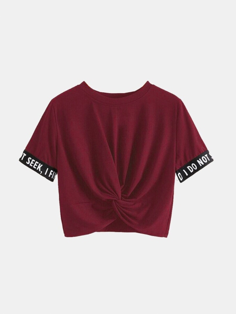 

URBANIC Women Burgundy Drop-Shoulder Sleeves Raw Edge T-shirt