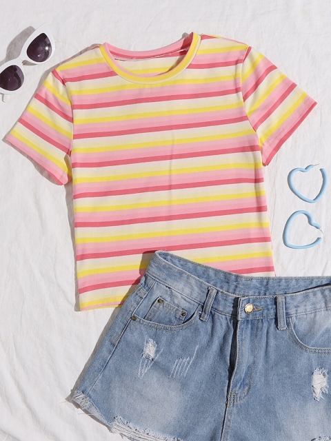 

URBANIC Women Multicoloured Striped Henley Neck Slim Fit T-shirt, Multi