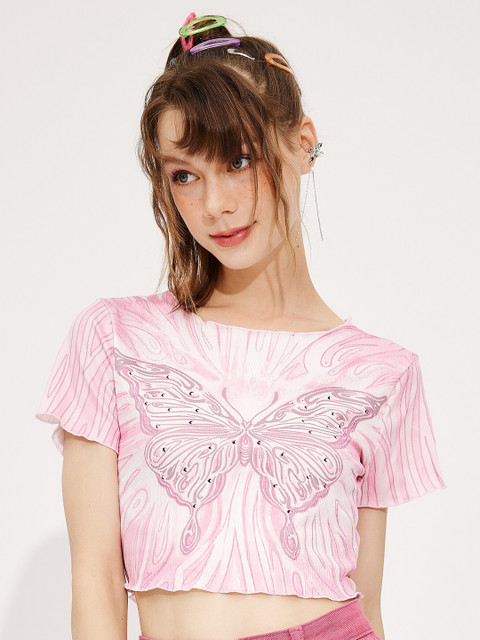 

URBANIC Women Pink Printed Extended Sleeves Slim Fit T-shirt