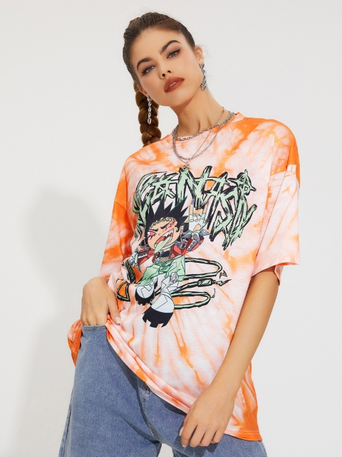 

URBANIC Women Orange Printed Raw Edge T-shirt
