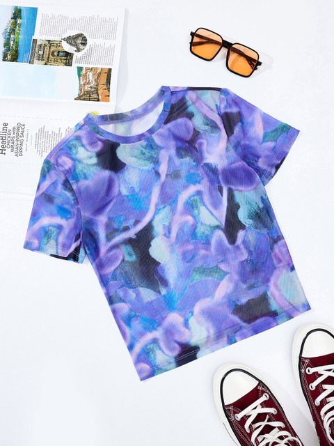 

URBANIC Women Multicoloured & cornflower blue Printed Extended Sleeves Slim Fit T-shirt, Multi