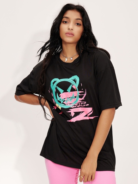 

URBANIC Women Black Printed Applique T-shirt