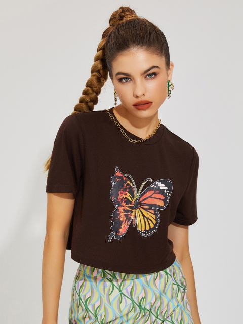 

URBANIC Women Brown Printed Polo Collar Applique T-shirt