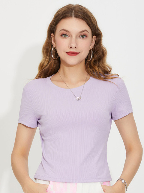 

URBANIC Women Lavender V-Neck Slim Fit T-shirt