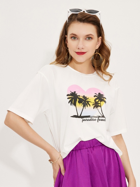 

URBANIC Women White Extended Sleeves Applique T-shirt