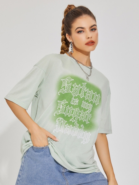 

URBANIC Women Green Typography Printed Raw Edge T-shirt