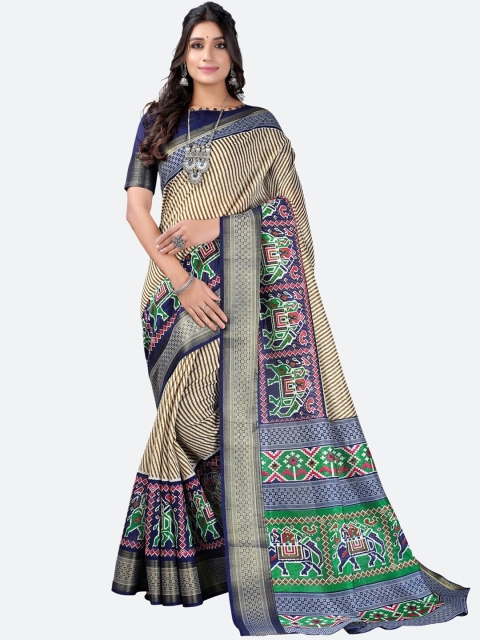 

KALINI Beige & Navy Blue Striped Zari Pure Silk Maheshwari Saree