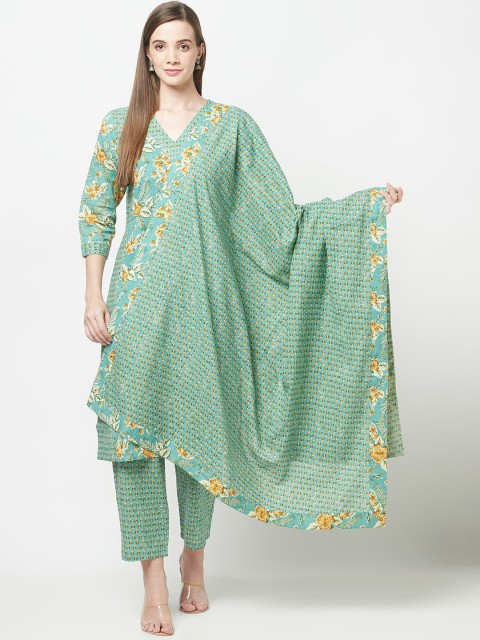 

ERISHA Women Green Floral Printed Cotton Kurta with Trousers & With Dupatta