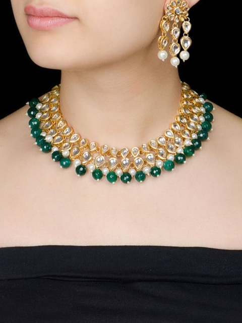 

Bamboo Tree Jewels Gold-Toned & Green Gold-Plated Necklace & Earrings