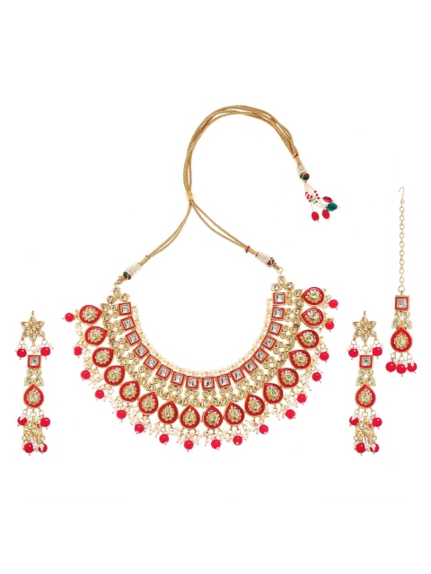 

Bamboo Tree Jewels Red Gold Kundan Necklace Set with Maang Tika