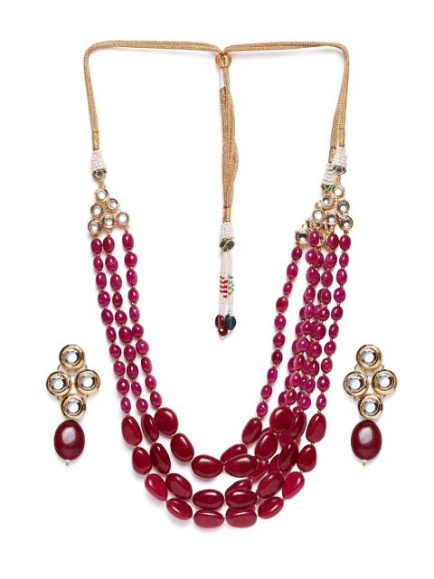 

Bamboo Tree Jewels Gold-Plated & Maroon Kundan Studded & Beaded Jewellery Set