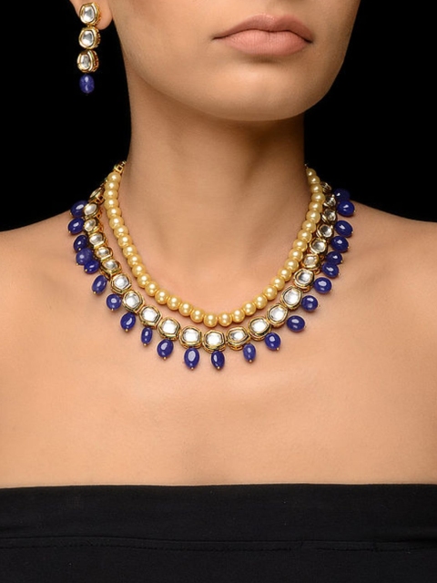 

Bamboo Tree Jewels Gold-Plated White & Blue Pink Kundan Studded & Beaded Jewellery Set