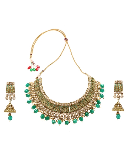

Bamboo Tree Jewels Green & Gold-Plated Kundan Necklace with Earrings