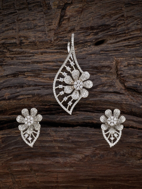 

Kushal's Fashion Jewellery Rhodium-Plated White CZ Studded Pendant With Earring Set