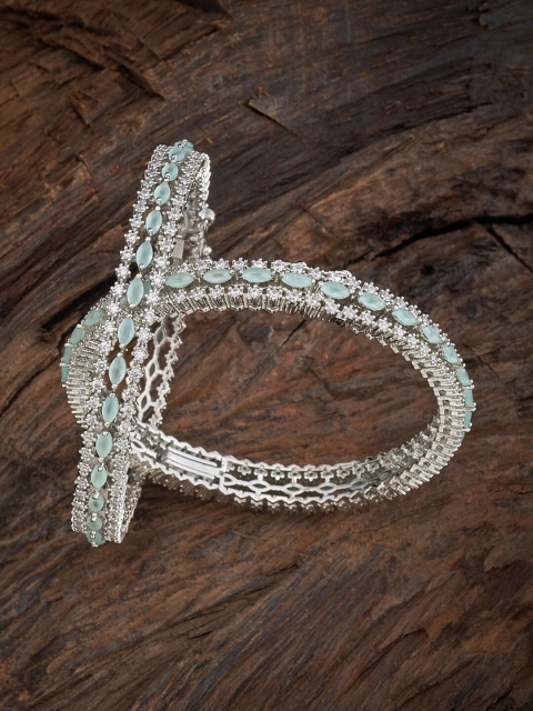 

Kushal's Fashion Jewellery Rhodium-Plated Sea Green & White CZ-Studded Bangle