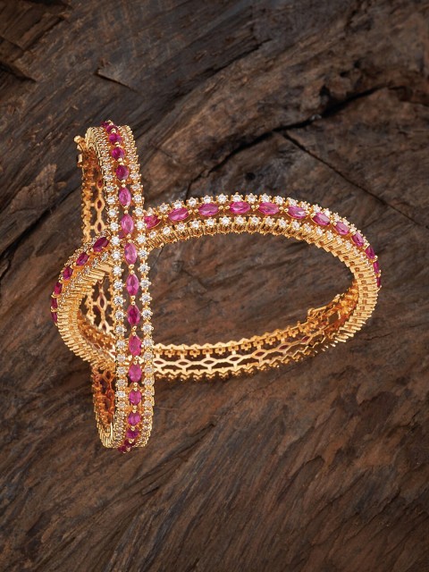 

Kushal's Fashion Jewellery Set Of 2 Gold-Plated & Red CZ-Studded Bangles