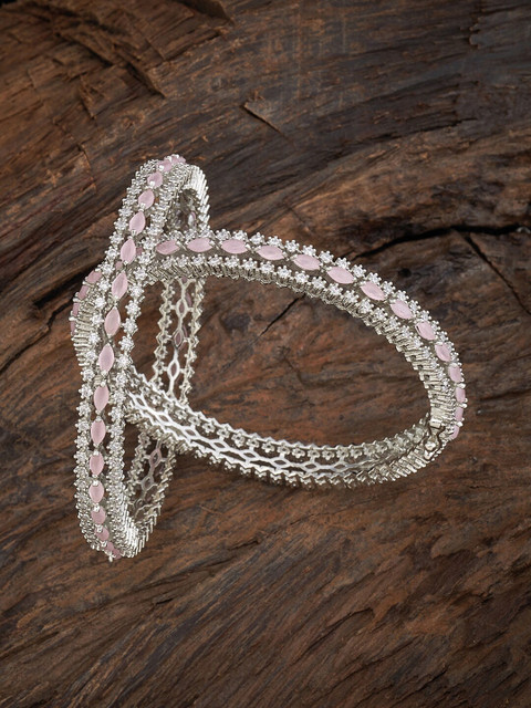 

Kushal's Fashion Jewellery Set Of 2 Rhodium Plated Pink Sparkling CZ Studded Bangle