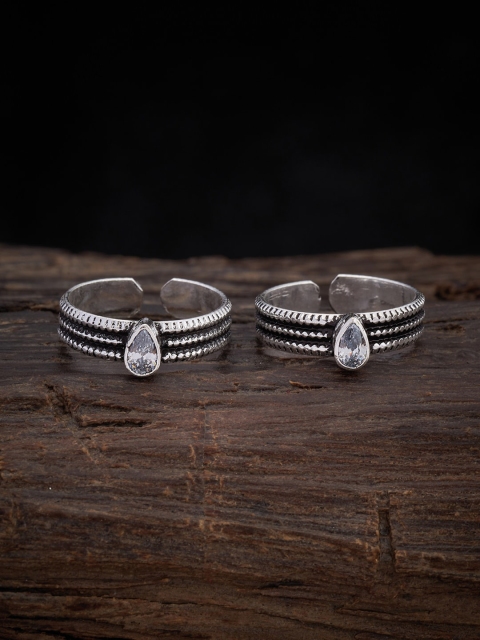 

Kushal's Fashion Jewellery 92.5 Sterling Silver Oxidised Silver-Plated White Stone-Studded Toe Rings