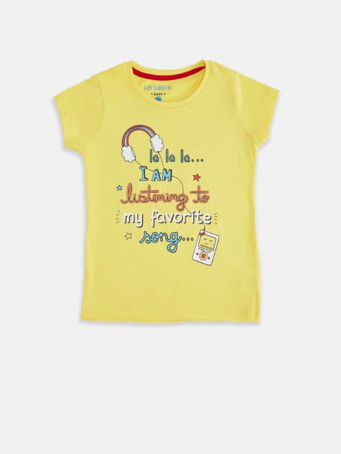 

Pantaloons Junior Girls Yellow Typography Printed Applique T-shirt