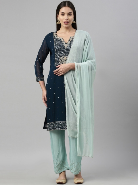 

Neerus Women Blue Floral Angrakha Beads and Stones Kurti with Salwar & With Dupatta