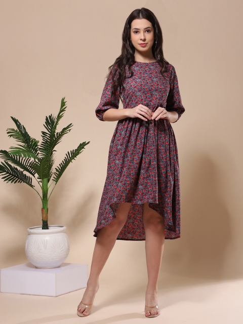 

VAANI CREATION Grey Floral Crepe A-Line Dress