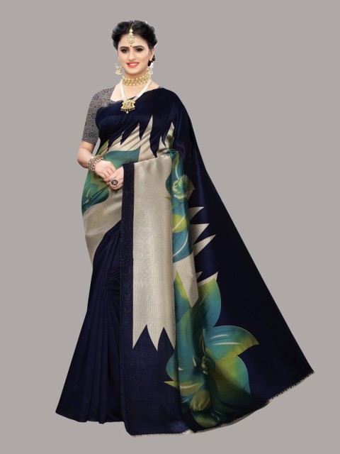 

Yashika Navy Blue & Grey Floral Art Silk Saree
