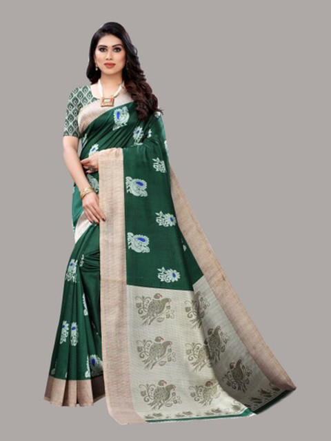 

Yashika Green & Grey Ethnic Motifs Art Silk Saree